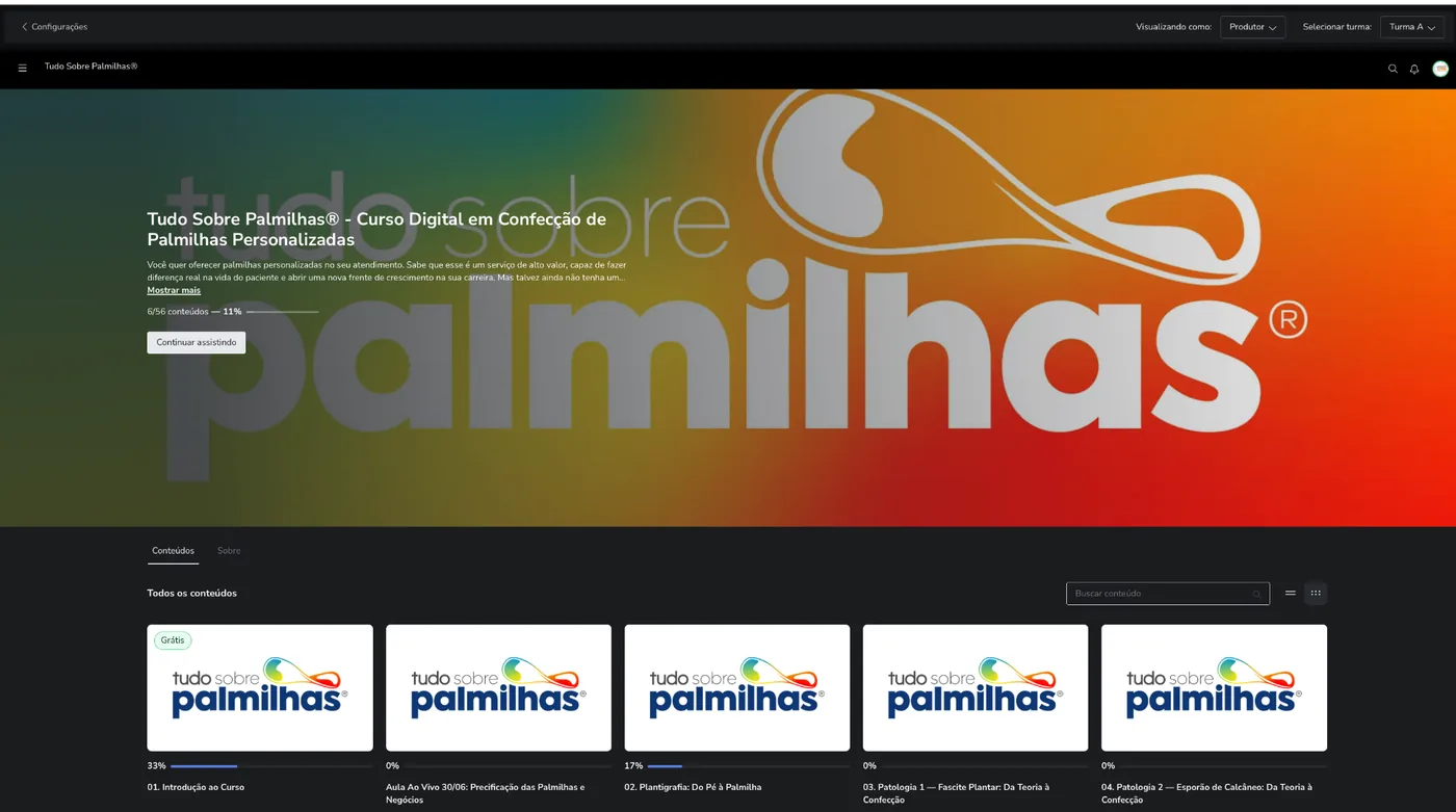 Área do aluno do curso Tudo Sobre Palmilhas na plataforma Hotmart